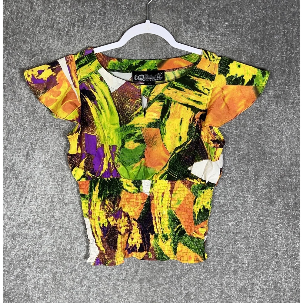 CQ Authentic Brand Flutter Sleeve Smocked Top Womens Size Medium Petite Abstract